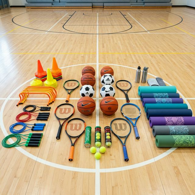 An organized collection of sports equipment including basketballs, soccer balls, tennis rackets, jump ropes, cones, and yoga mats arranged artistically on a clean gymnasium floor, overhead shot, vibrant colors, no people